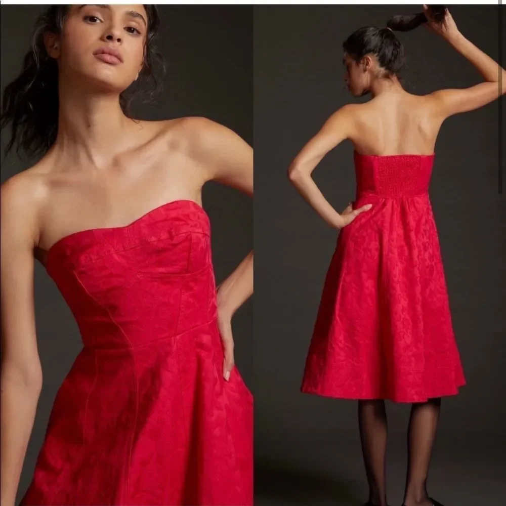 NWT Anthropologie Floral Contrast Sweetheart Midi Dress Raspberry Size 8 - Picture 2 of 11